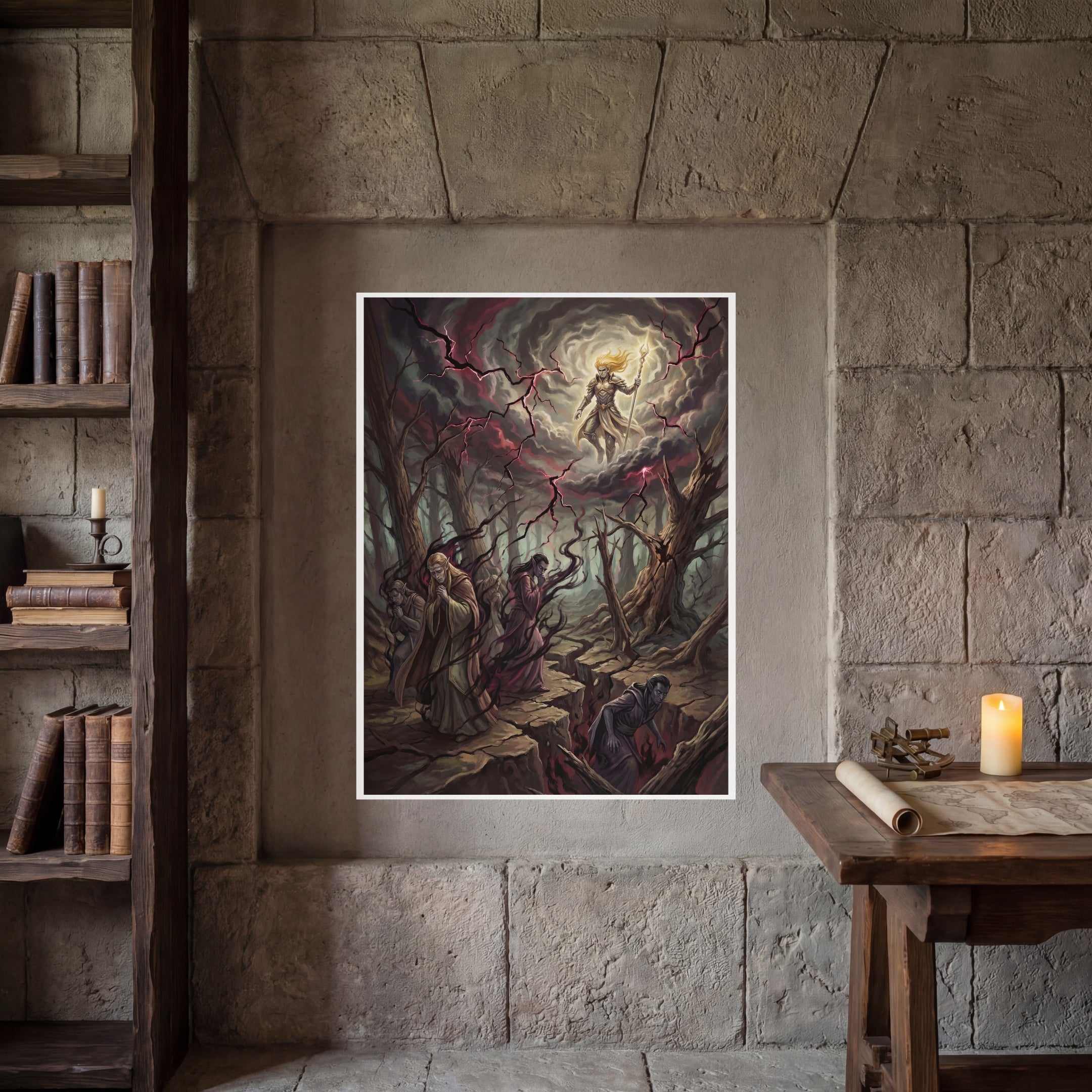 El Oscuro Desastre y el Destierro de los Drow – Print de Arte Fantástico Premium | Inspirado en D&D y Faerûn